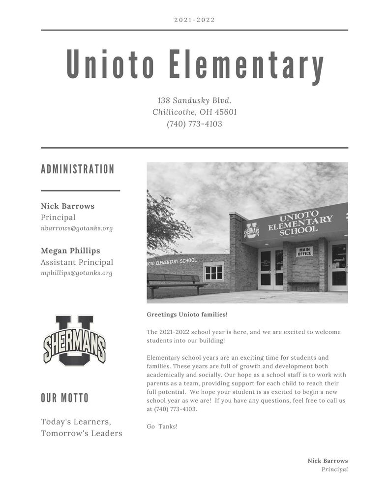 Unioto Elementary Welcome Letter