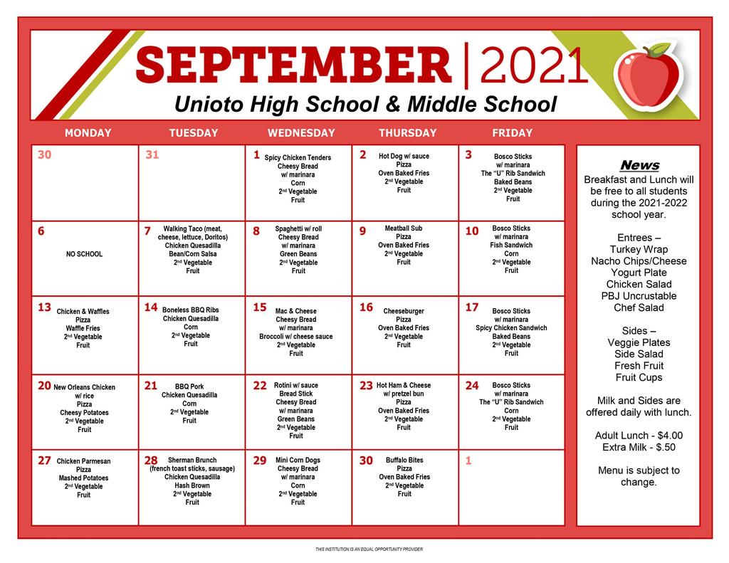 High School and Middle School Menu