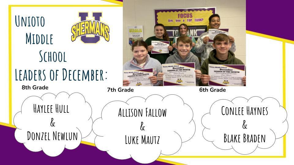 Middle School December Leaders of the month