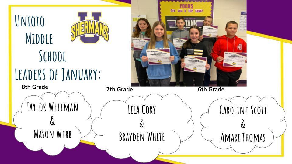 January Middle School Leaders of the Month