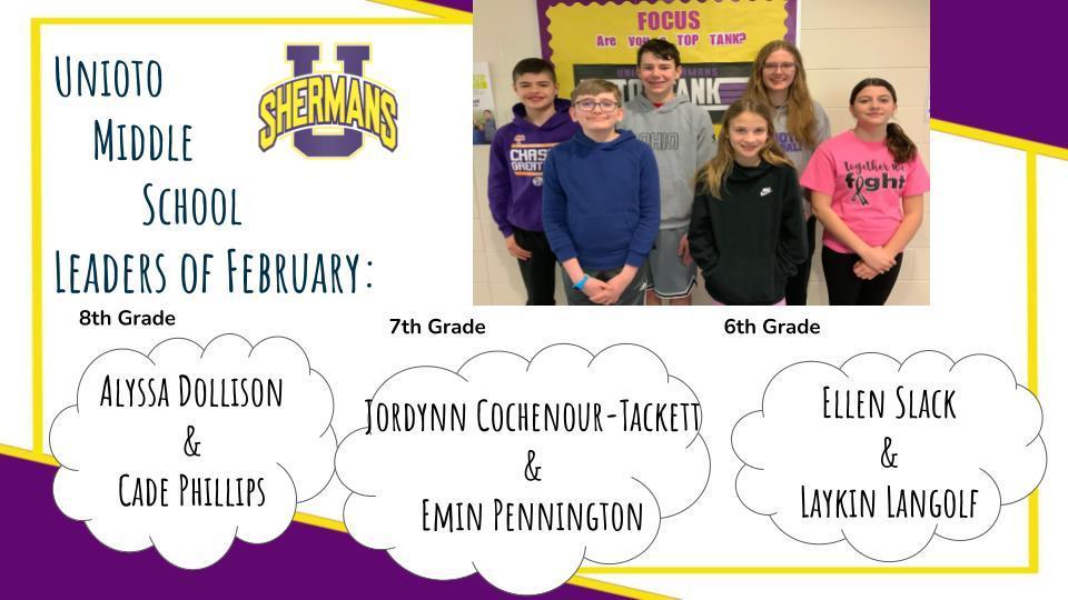 Middle School  February Leaders of the Month